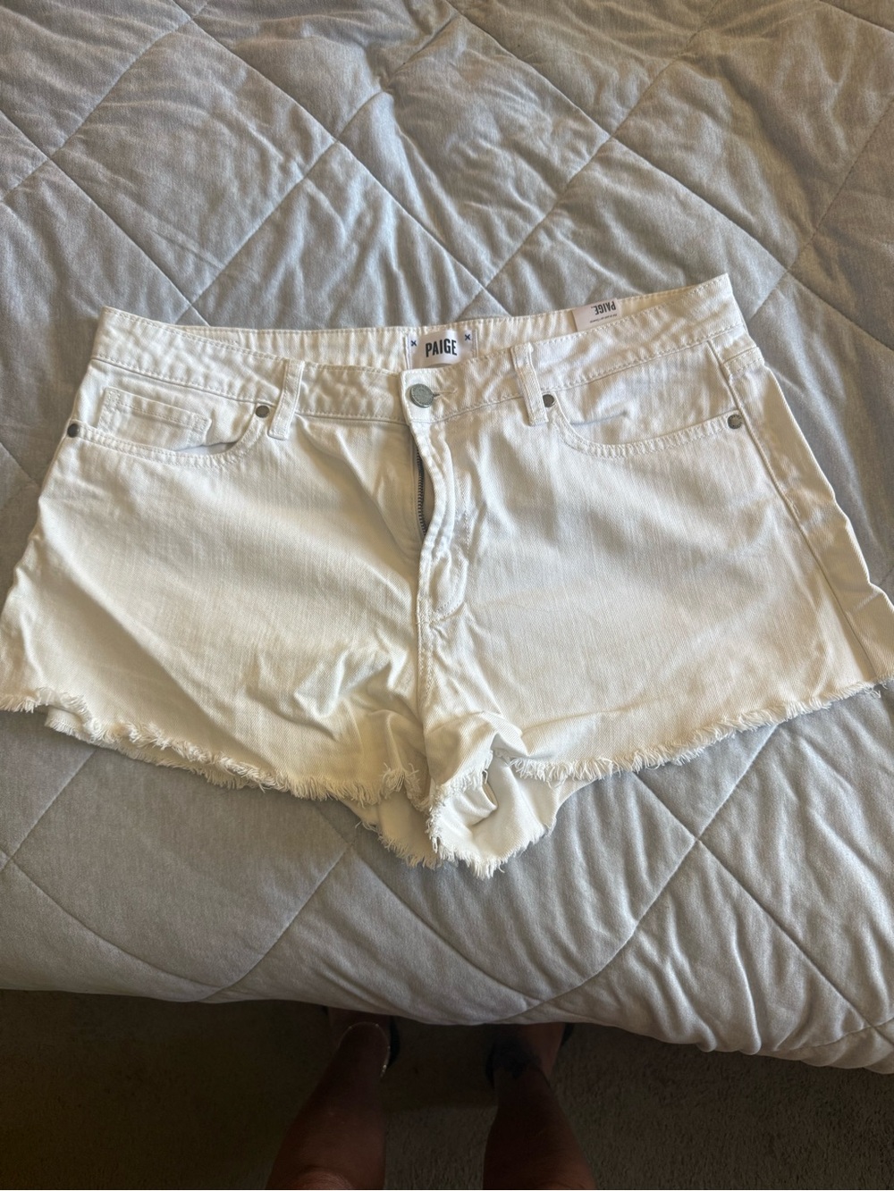PAIGE White Frayed Hem Denim Cutoff Shorts